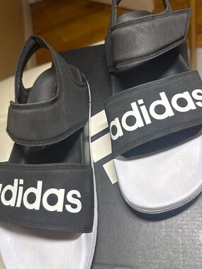adidas Black and White Two-Strap Logo Slide Sandals